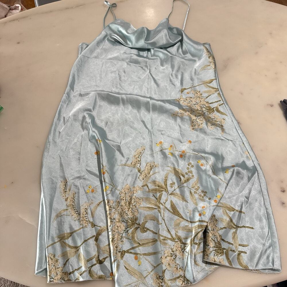 Satin Slip Dress Mini Blue Floral Cowl Neck Womens XL Nightgown Spaghetti Strap